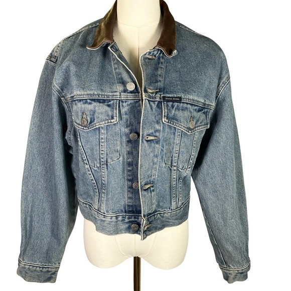 Vintage GUESS USA Denim Jacket Brown Leather Collar Made in USA Womens Small - Picture 1 of 15
